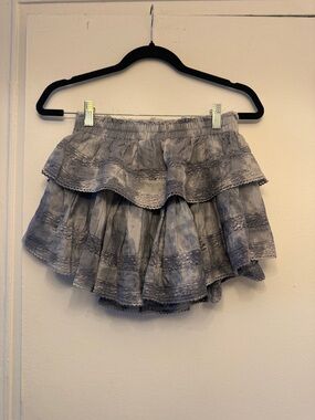 LoveShackFancy Gray Tiered Lace-Trim Mini Skirt